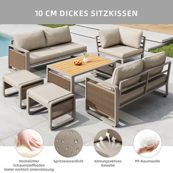Salon de jardin d'angle métal et corde terrasse 7 places avec table et poufs beige - ComfortXL Outdoor Living - Image 6