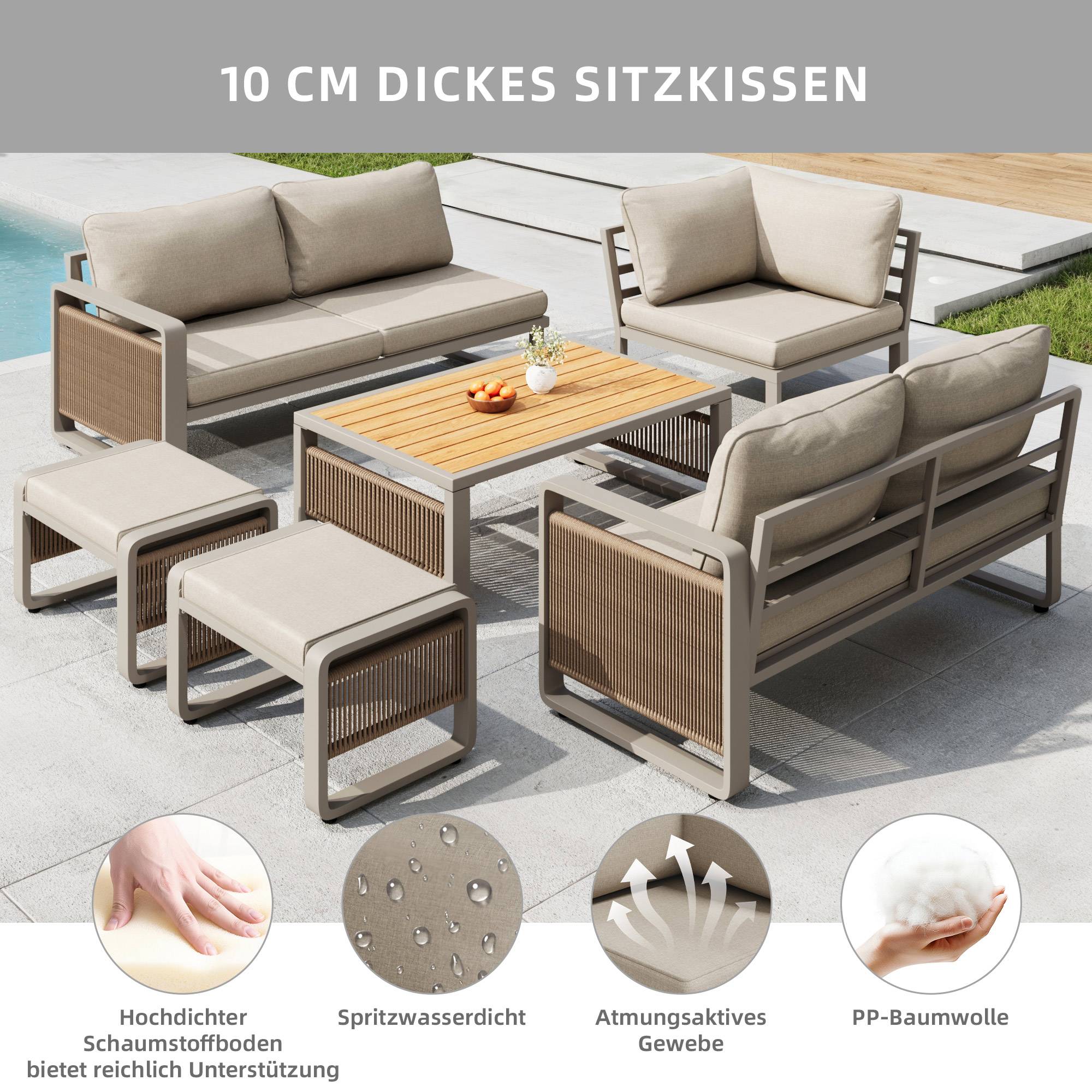 Salon de jardin d'angle métal et corde terrasse 7 places avec table et poufs beige - ComfortXL Outdoor Living - Image 6
