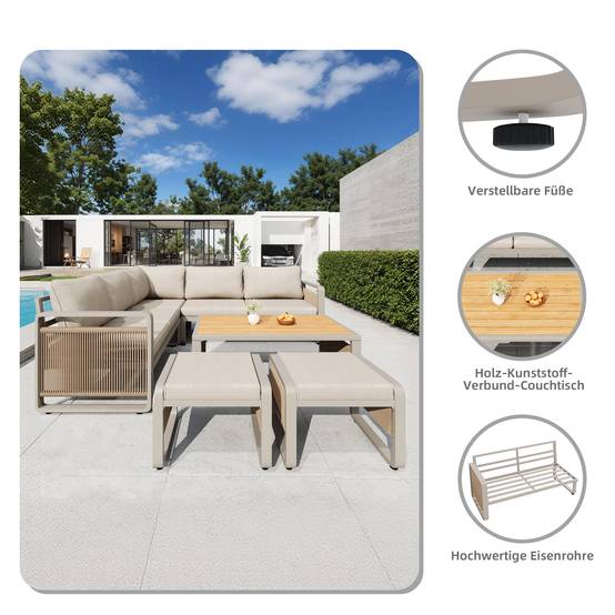 Salon de jardin d'angle métal et corde terrasse 7 places avec table et poufs beige - ComfortXL Outdoor Living - Image 5
