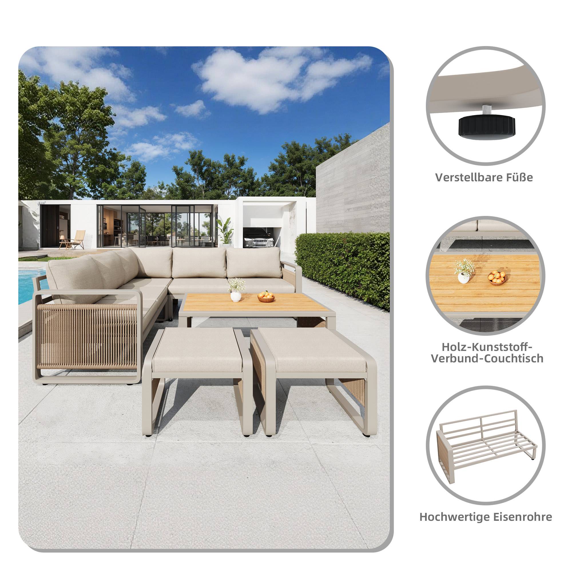 Salon de jardin d'angle métal et corde terrasse 7 places avec table et poufs beige - ComfortXL Outdoor Living - Image 5