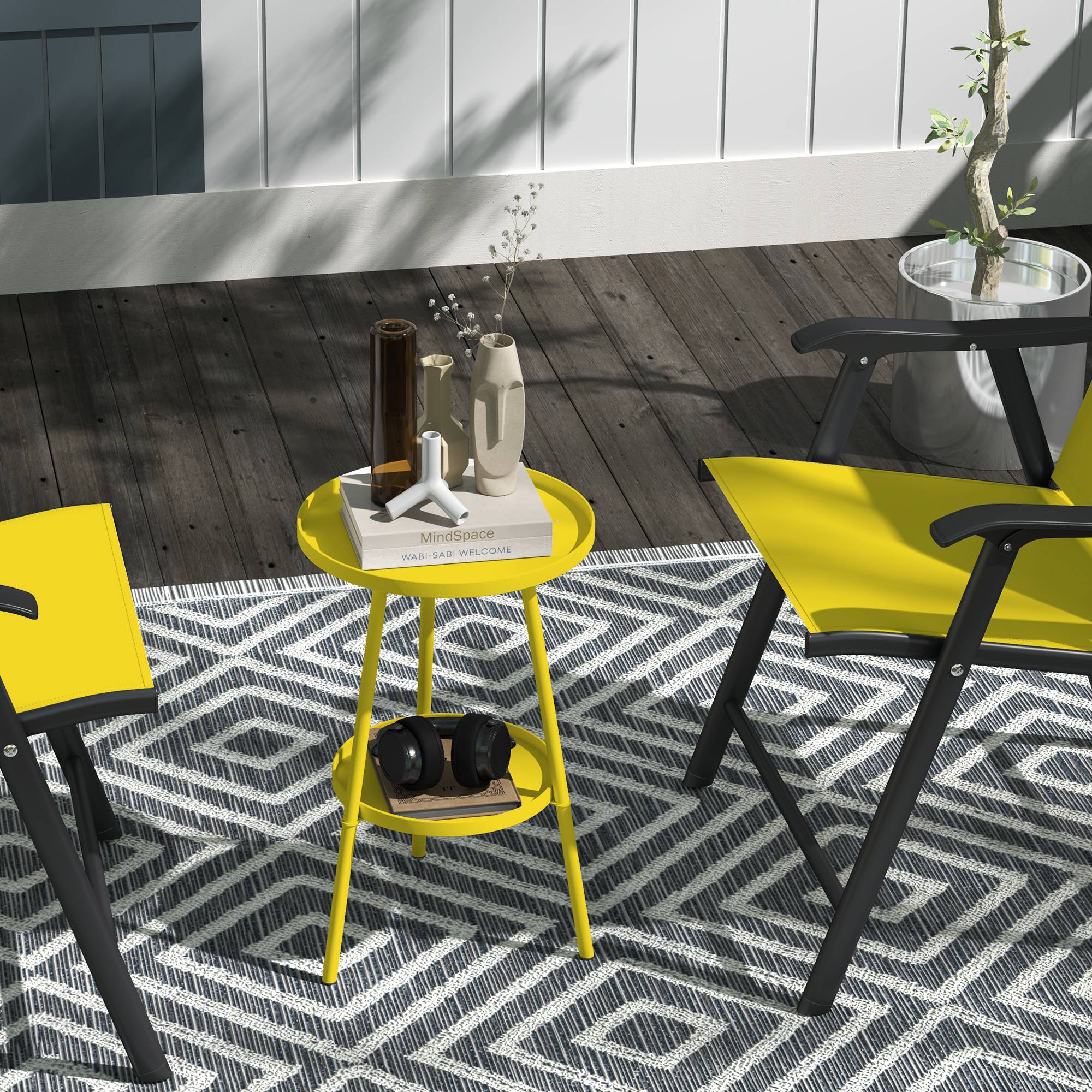 Sans Marque - Petite table appoint ronde 2 niveaux jardin terrasse balcon métal Ø32x51 cm jaune - Image 4