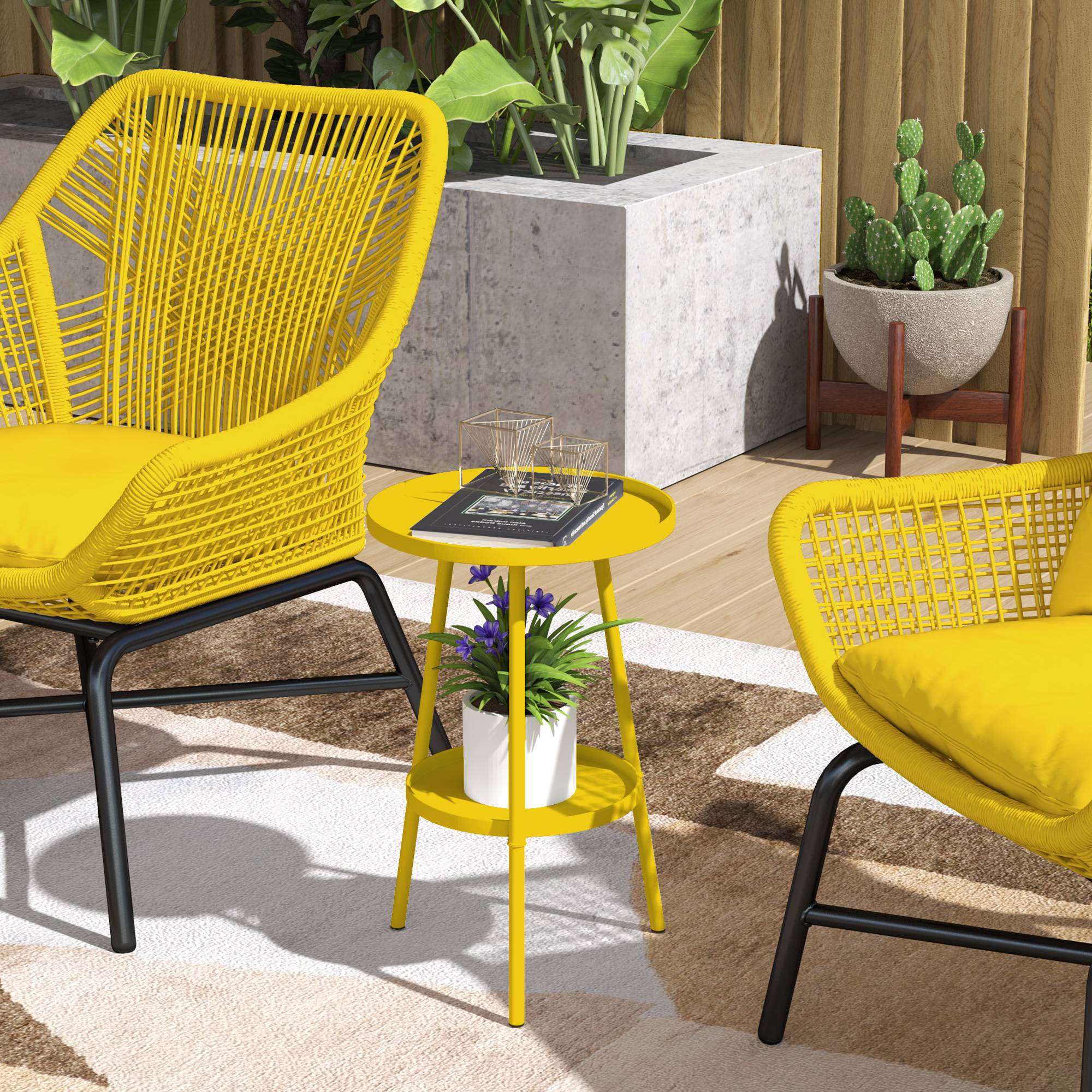 Sans Marque - Petite table appoint ronde 2 niveaux jardin terrasse balcon métal Ø32x51 cm jaune - Image 3