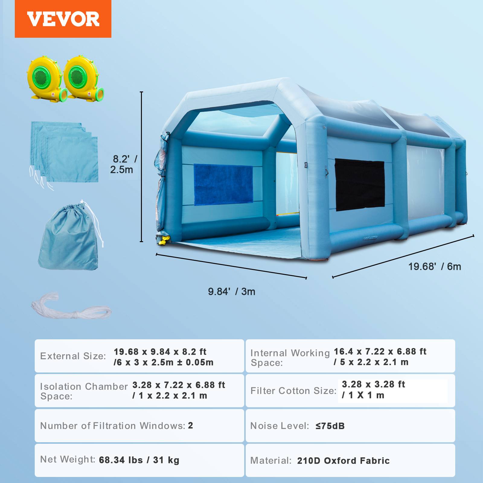 Vevor - VEVOR Cabine de Peinture Gonflable 6x3x2,5 m, Oxford 210D, Filtration, 2 Souffleurs. - Image 7