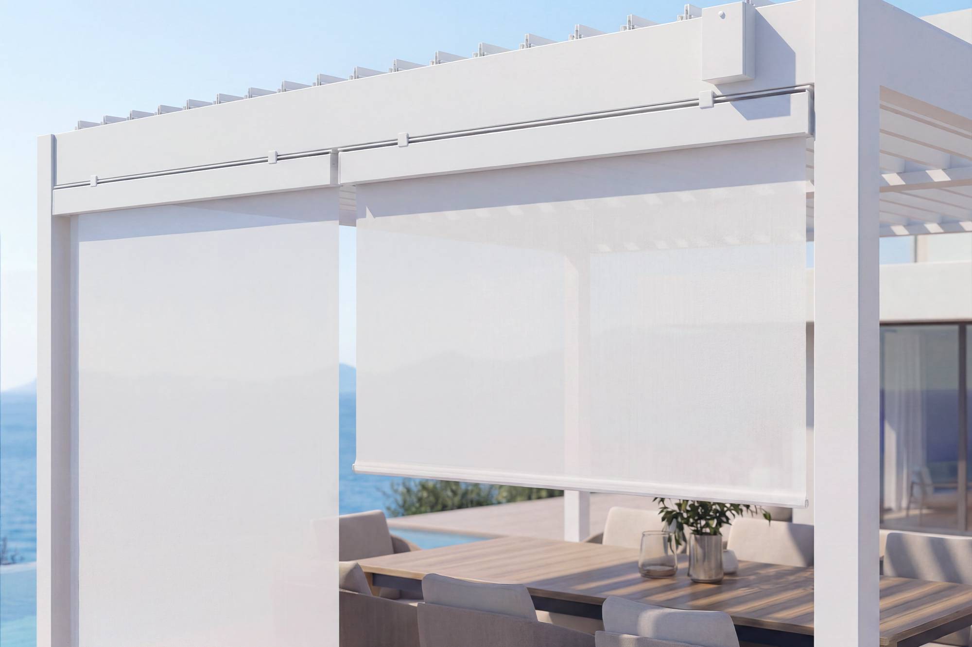CAZEBOO - Pergola bioclimatique autoportée PIANA 4x3m aluminium blanc avec stores rétractables côté 3m - Image 7