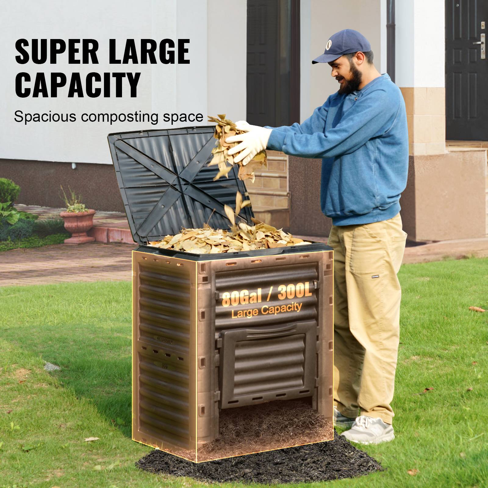 VEVOR Composteur jardin 300 L, sans BPA. Couvercle, porte inférieure. Compostage rapide, sol fertile. - Image 3