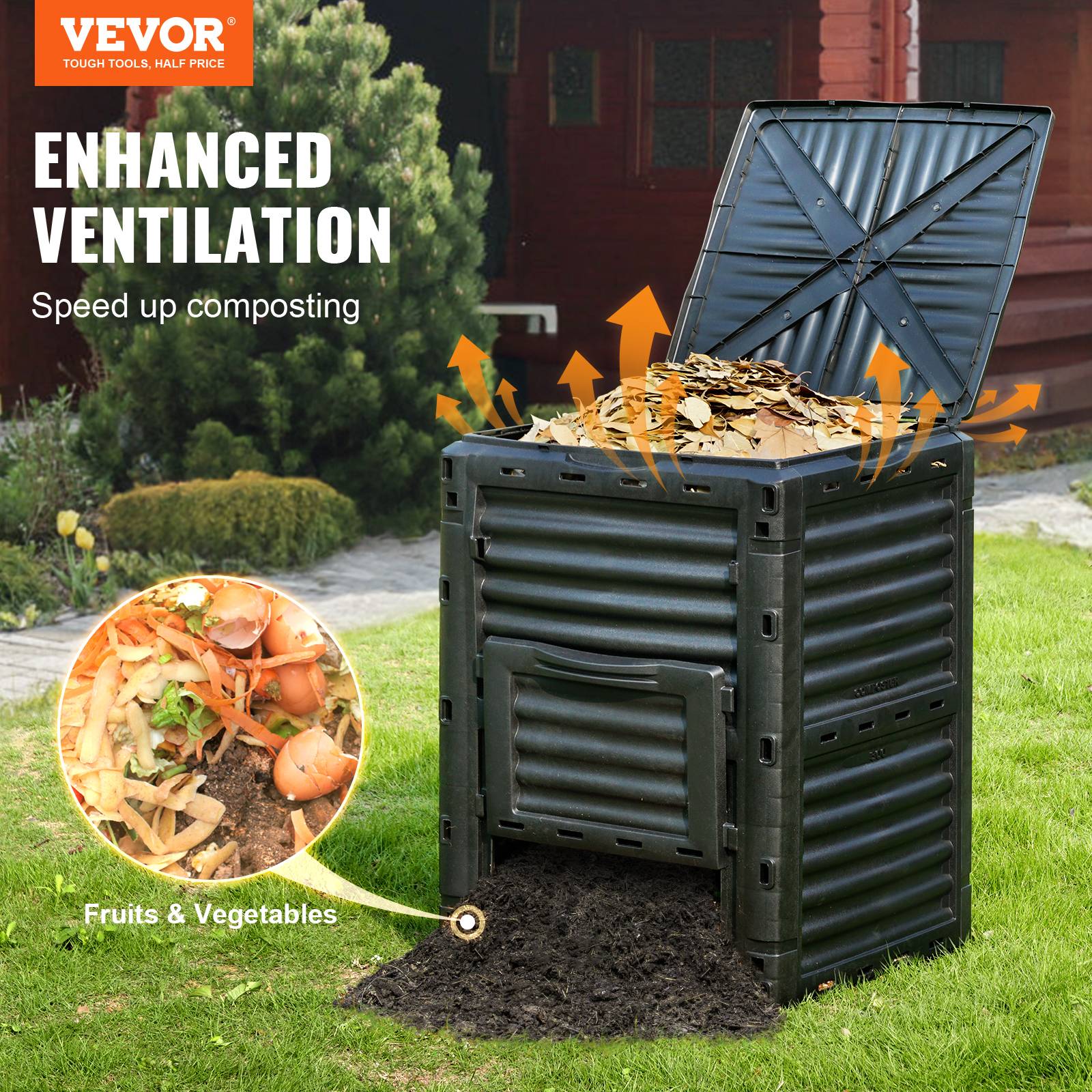 VEVOR Composteur jardin 300 L, sans BPA. Couvercle, porte inférieure. Compostage rapide, sol fertile. - Image 2