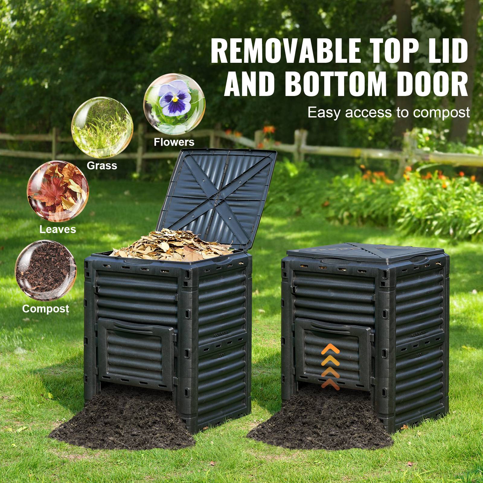 VEVOR Composteur jardin 300 L, sans BPA. Couvercle, porte inférieure. Compostage rapide, sol fertile. - Image 5