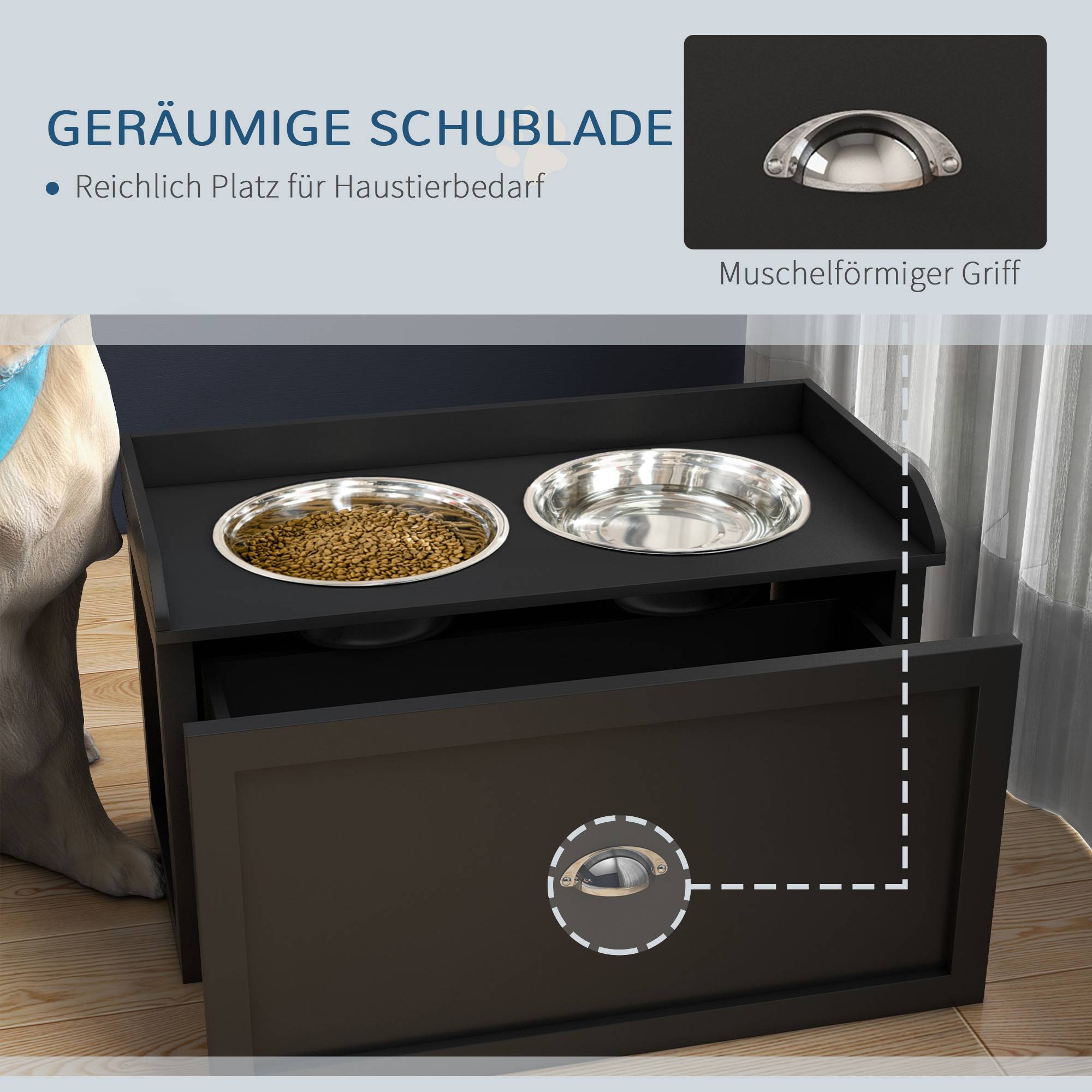 ComfortXL - Gamelle surélevée chien avec tiroir MDF noir 60 x 30 x 36 cm grands chiens rangement 21 L 2 gamelles inox - Image 5
