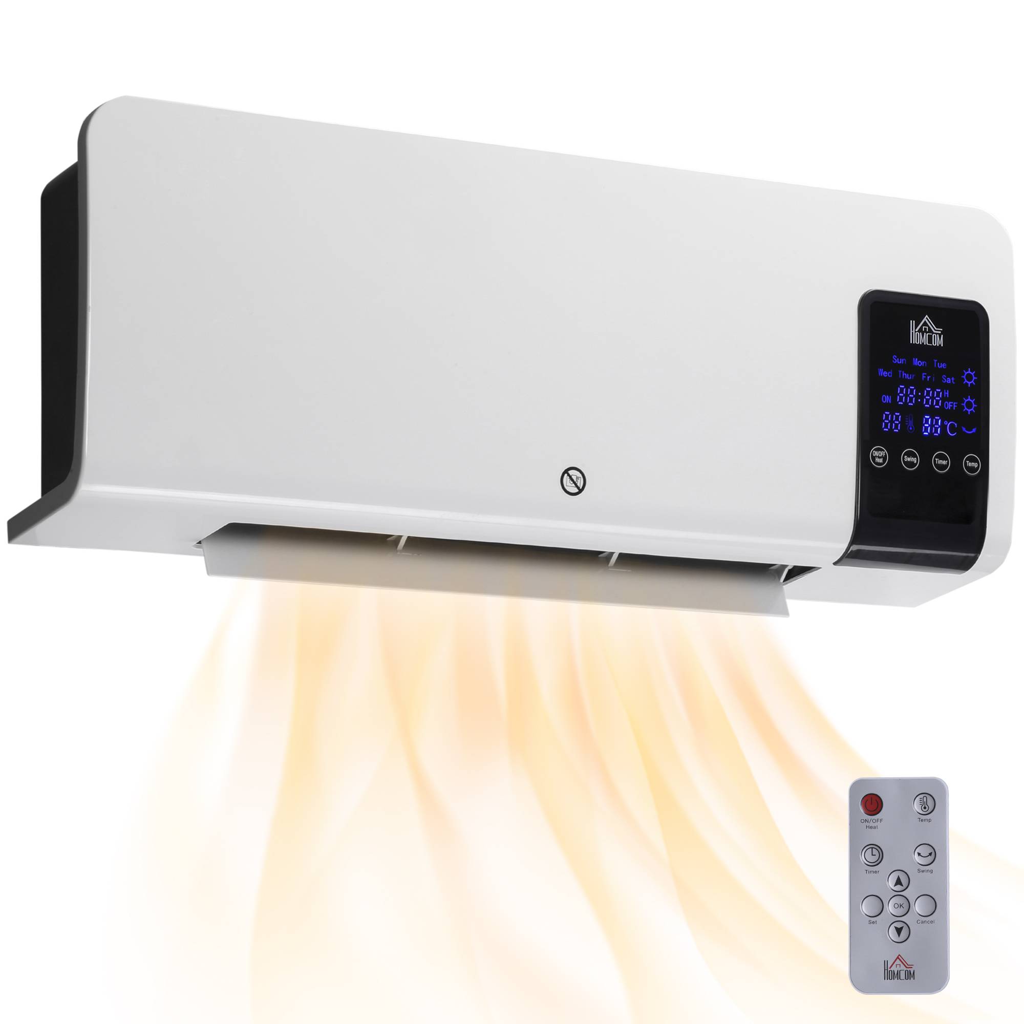 Chauffage soufflant oscillant mural avec minuterie 12 heures et 2 modes de chauffage, 54,5 x 12 x 21,5 cm, blanc - Image 1