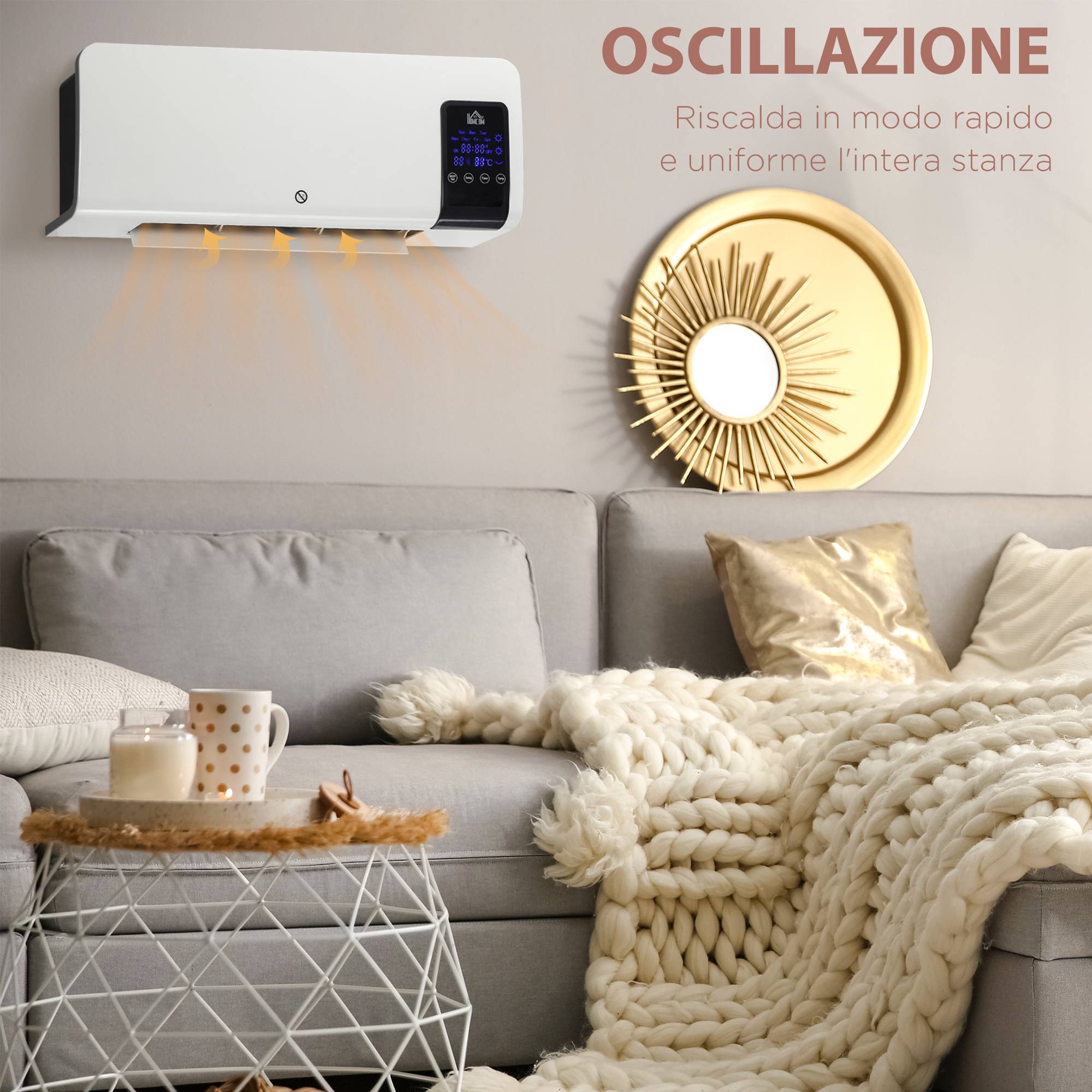 Chauffage soufflant oscillant mural avec minuterie 12 heures et 2 modes de chauffage, 54,5 x 12 x 21,5 cm, blanc - Image 9