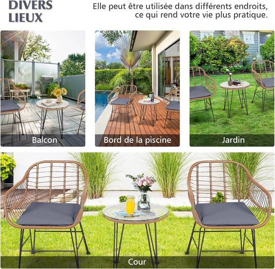 Salon de Jardin en Rotin 2 Fauteuil + 1 Table Basse (Plateau en Verre), Coussins Amovibles, Naturel - Image 4