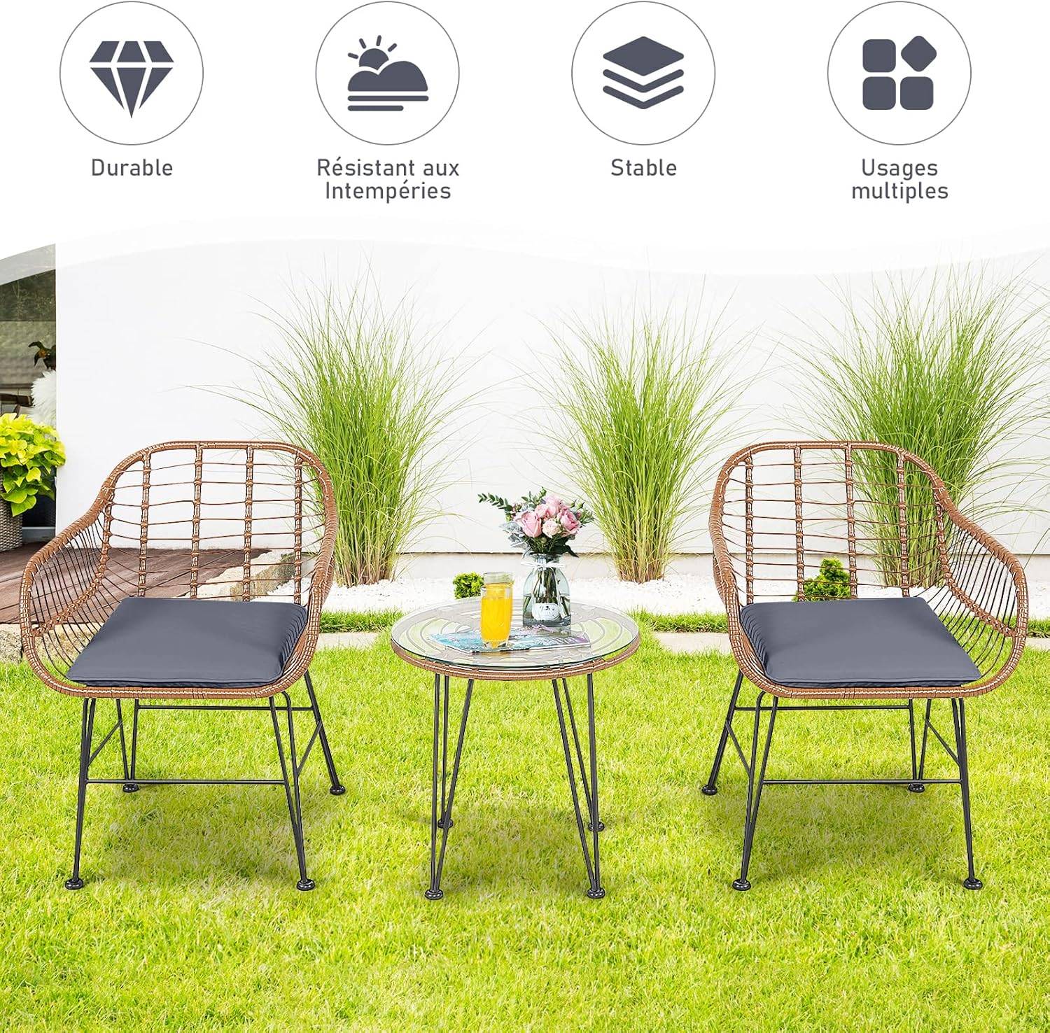 Salon de Jardin en Rotin 2 Fauteuil + 1 Table Basse (Plateau en Verre), Coussins Amovibles, Naturel - Image 6