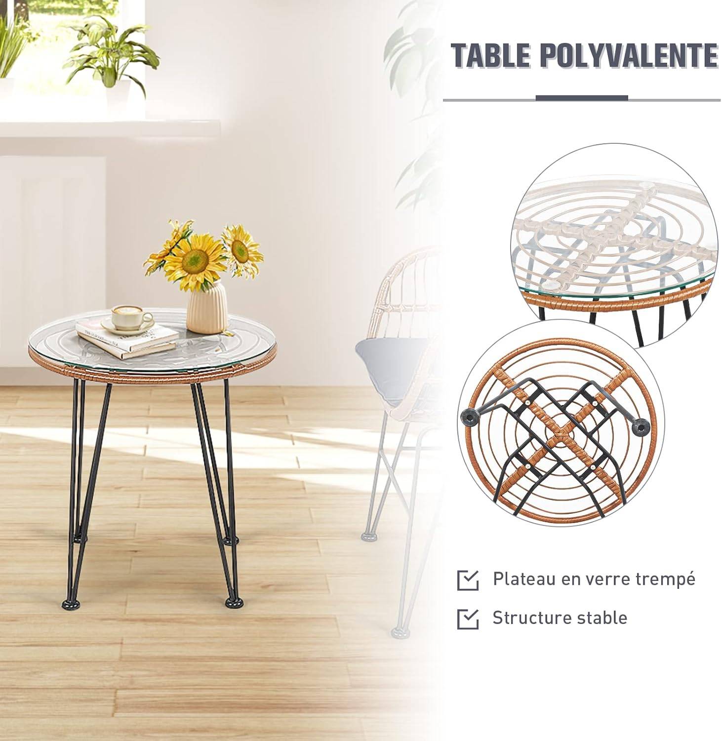 Salon de Jardin en Rotin 2 Fauteuil + 1 Table Basse (Plateau en Verre), Coussins Amovibles, Naturel - Image 2