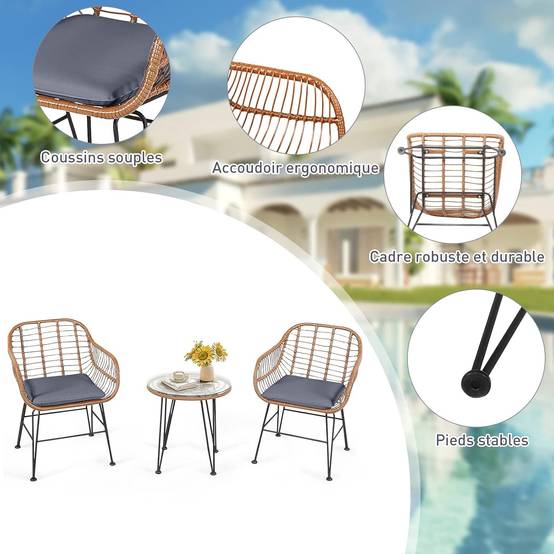 Salon de Jardin en Rotin 2 Fauteuil + 1 Table Basse (Plateau en Verre), Coussins Amovibles, Naturel - Image 3