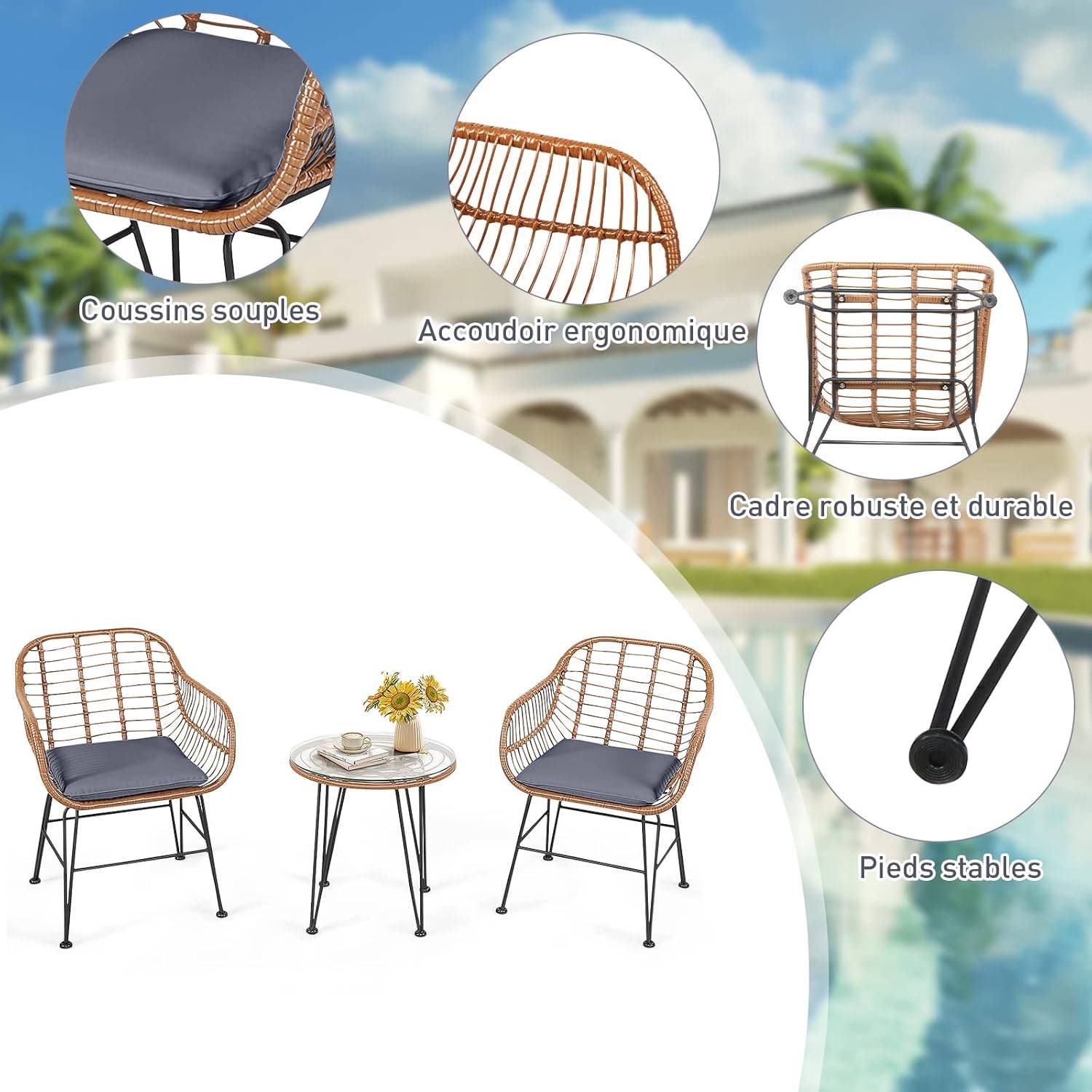 Salon de Jardin en Rotin 2 Fauteuil + 1 Table Basse (Plateau en Verre), Coussins Amovibles, Naturel - Image 3