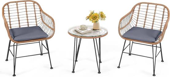 Salon de Jardin en Rotin 2 Fauteuil + 1 Table Basse (Plateau en Verre), Coussins Amovibles, Naturel - Image 1