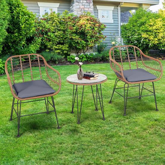 Salon de Jardin en Rotin 2 Fauteuil + 1 Table Basse (Plateau en Verre), Coussins Amovibles, Naturel - Image 7
