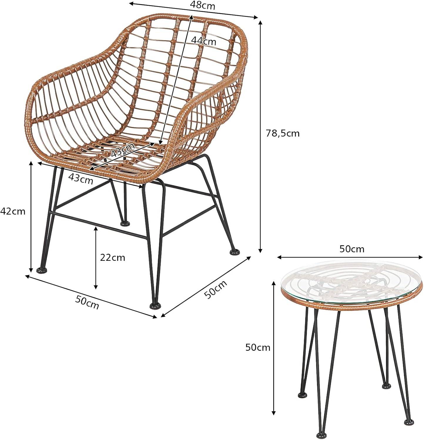 Salon de Jardin en Rotin 2 Fauteuil + 1 Table Basse (Plateau en Verre), Coussins Amovibles, Naturel - Image 5