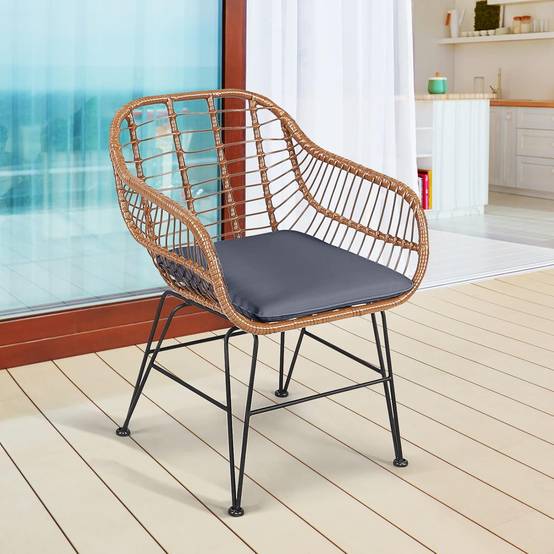 Salon de Jardin en Rotin 2 Fauteuil + 1 Table Basse (Plateau en Verre), Coussins Amovibles, Naturel - Image 8