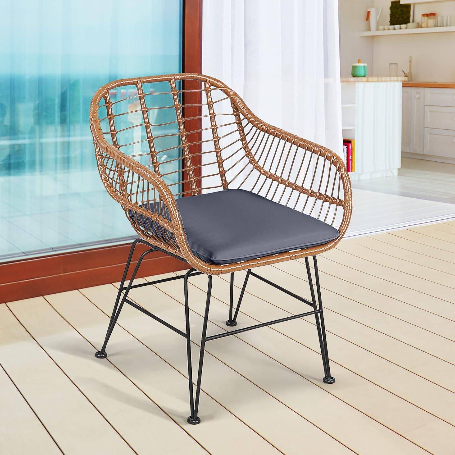 Salon de Jardin en Rotin 2 Fauteuil + 1 Table Basse (Plateau en Verre), Coussins Amovibles, Naturel - Image 8