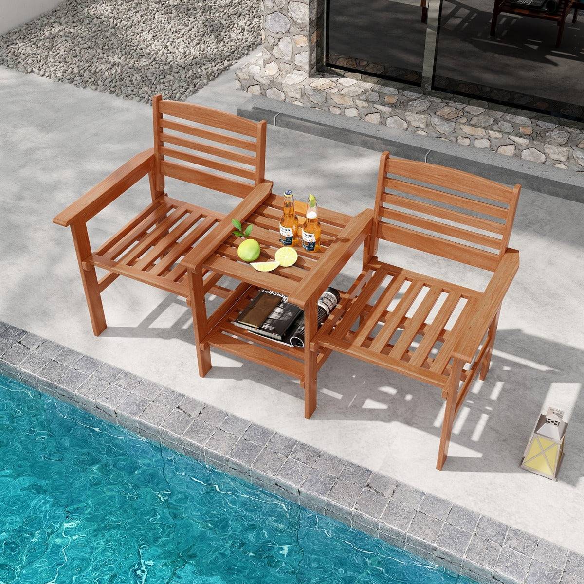 Ensemble de meubles de patio 2 places en bois causeuse d'extérieur avec table basse et trou pour parasol ensemble de conversation - Imagen 2