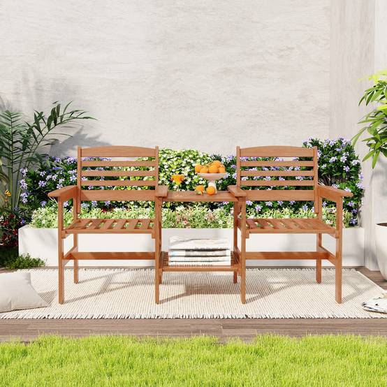 Ensemble de meubles de patio 2 places en bois causeuse d'extérieur avec table basse et trou pour parasol ensemble de conversation - Imagen 3