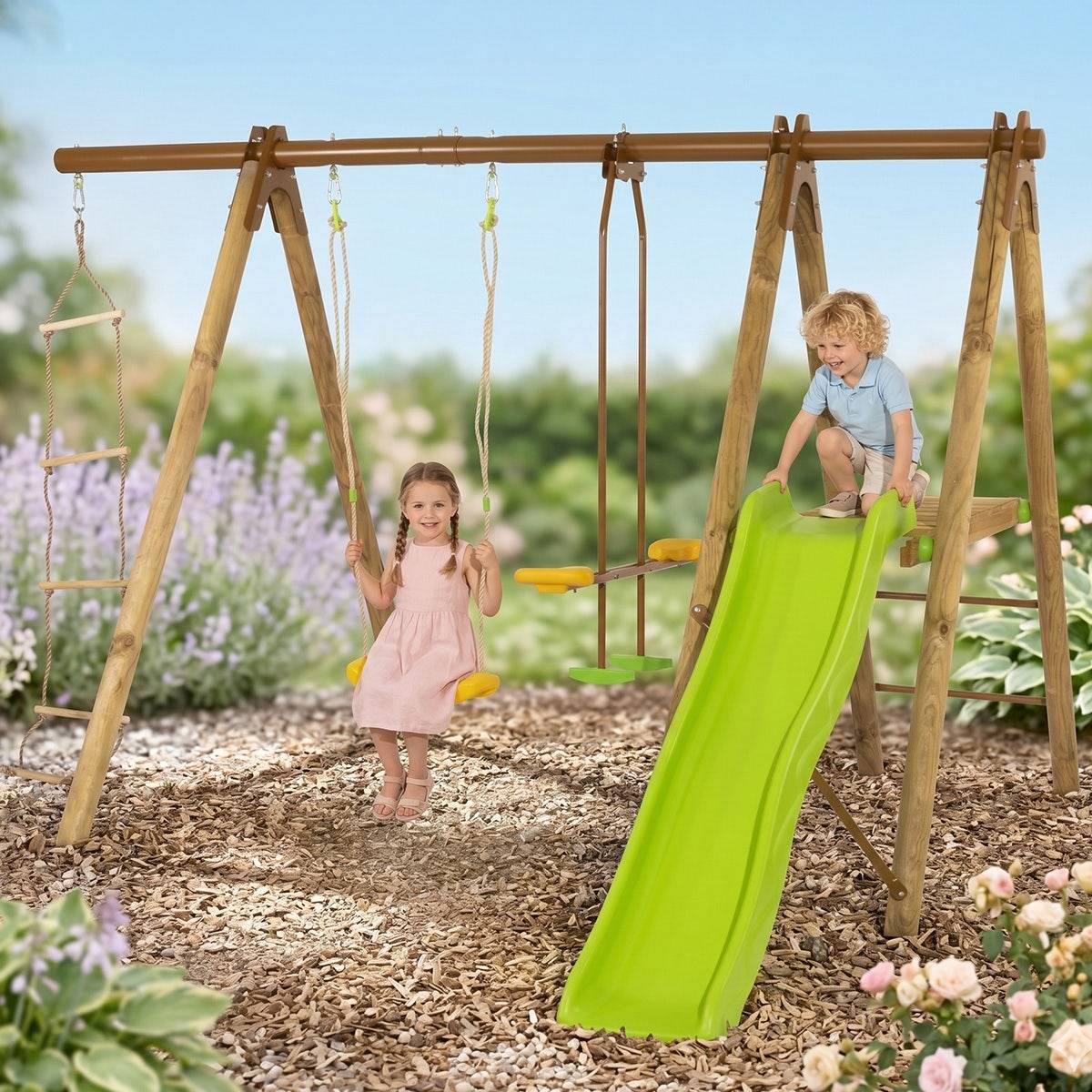 Trigano Jardin - Station de jeux bois poutre métal 1,90 m, 5 enfants, Techwood Premium OREKA - Image 2