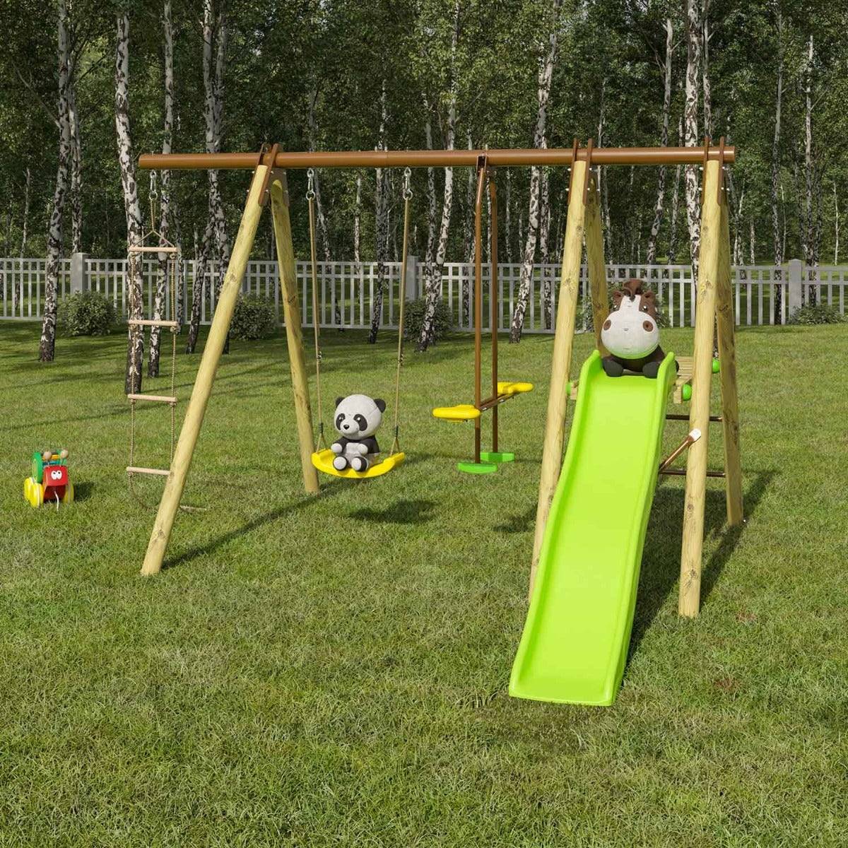 Trigano Jardin - Station de jeux bois poutre métal 1,90 m, 5 enfants, Techwood Premium OREKA - Image 9