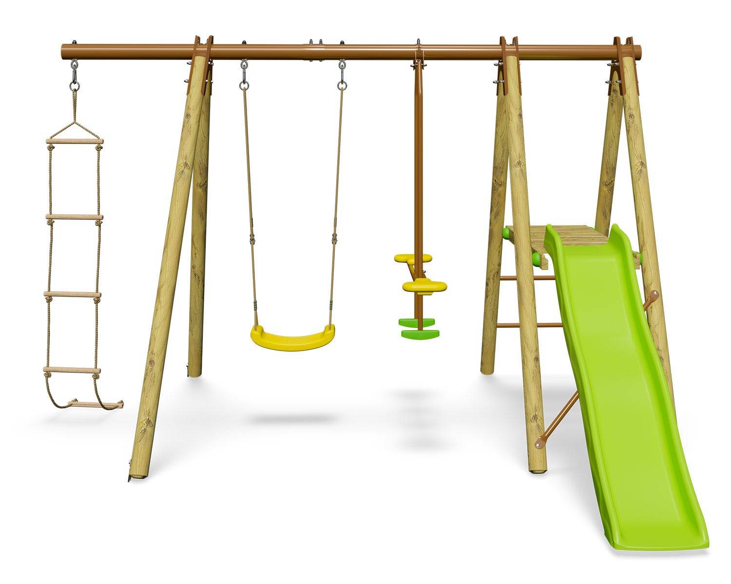 Trigano Jardin - Station de jeux bois poutre métal 1,90 m, 5 enfants, Techwood Premium OREKA - Image 1