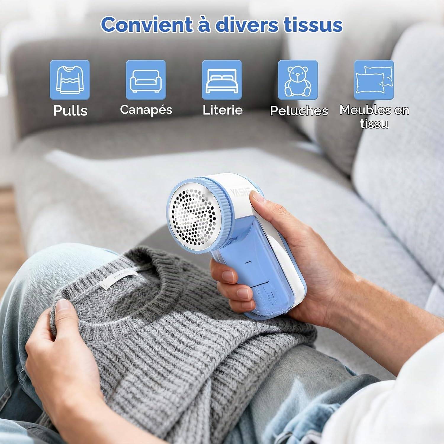 Rasoir anti-bouloches pour vêtements et tissus, 2 lames, bleu et blanc – YASHE - Image 5