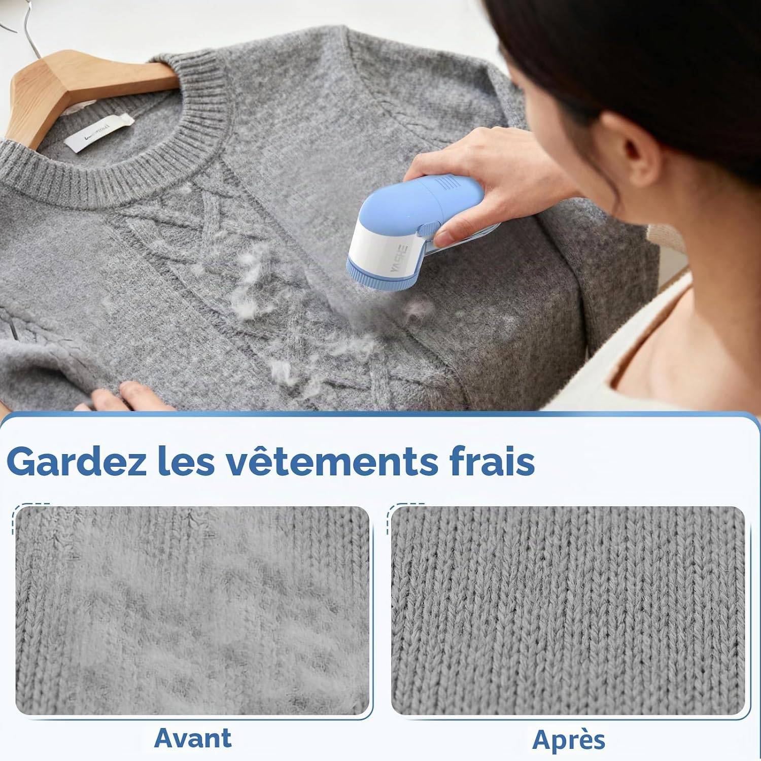 Rasoir anti-bouloches pour vêtements et tissus, 2 lames, bleu et blanc – YASHE - Image 2
