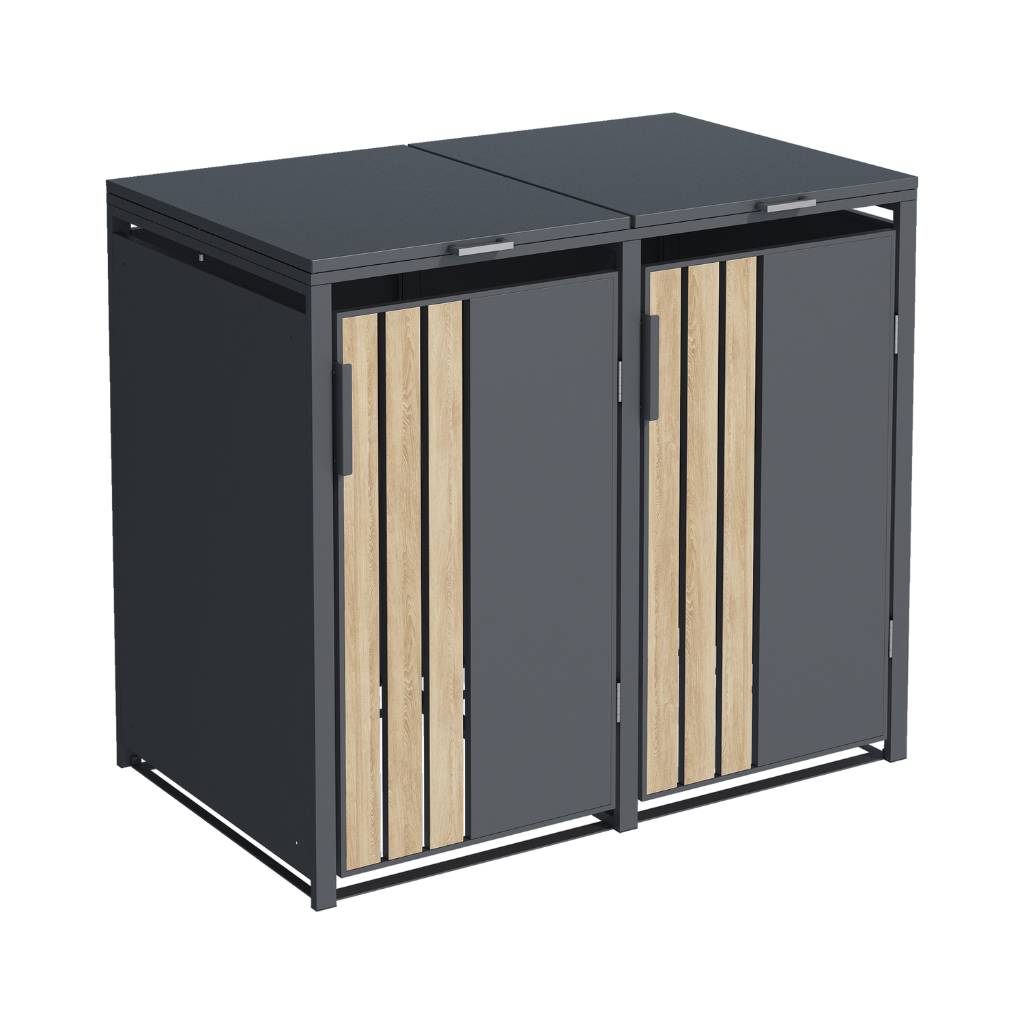 Couleurs du monde - Abri poubelle cache poubelle 2 bacs 240L gris effet bois en acier galvanisé pour extérieur design esthétique - Image 8