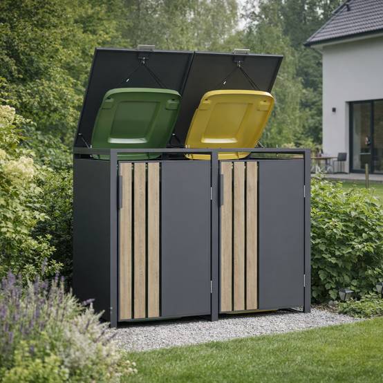 Couleurs du monde - Abri poubelle cache poubelle 2 bacs 240L gris effet bois en acier galvanisé pour extérieur design esthétique - Image 3