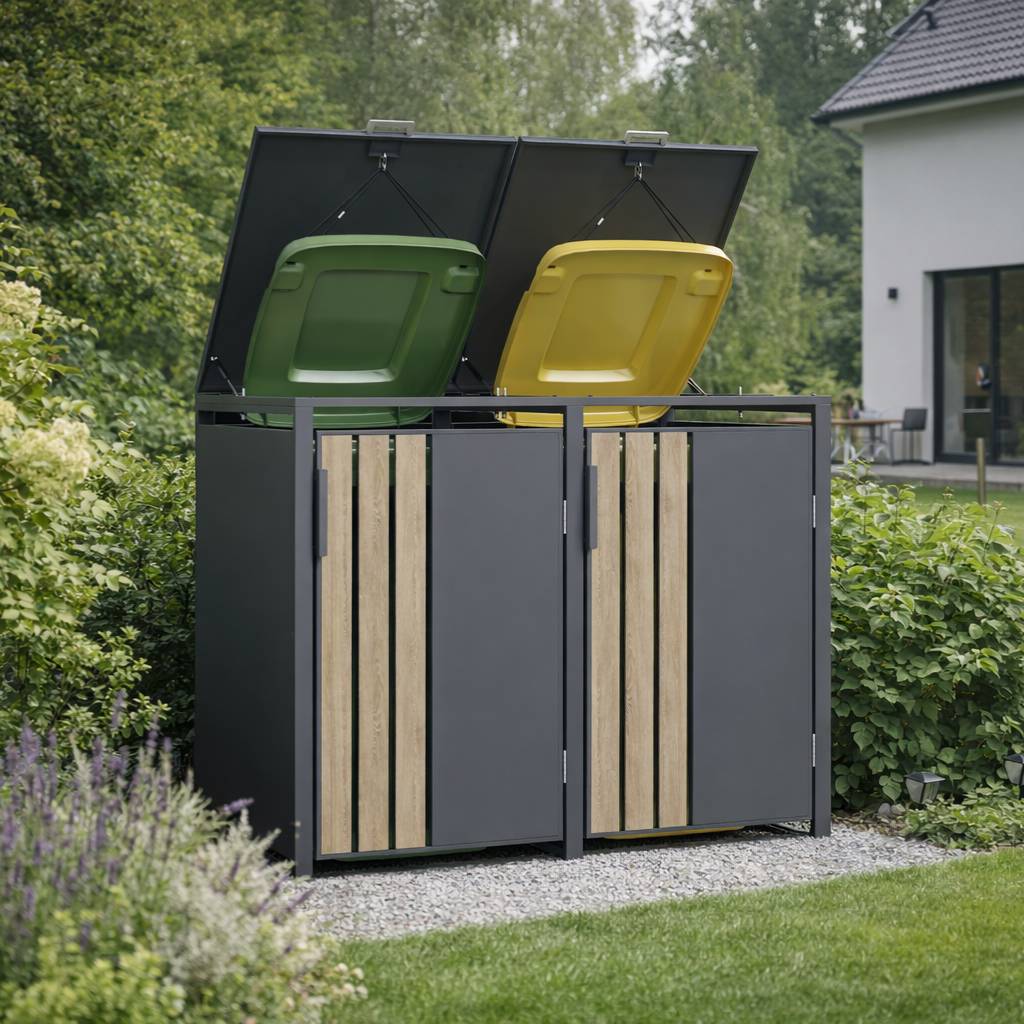 Couleurs du monde - Abri poubelle cache poubelle 2 bacs 240L gris effet bois en acier galvanisé pour extérieur design esthétique - Image 3