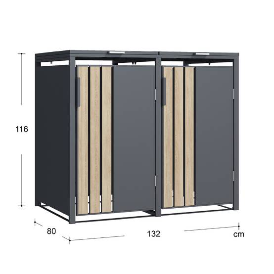 Couleurs du monde - Abri poubelle cache poubelle 2 bacs 240L gris effet bois en acier galvanisé pour extérieur design esthétique - Image 7