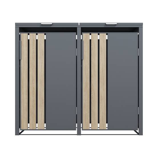 Couleurs du monde - Abri poubelle cache poubelle 2 bacs 240L gris effet bois en acier galvanisé pour extérieur design esthétique - Image 2