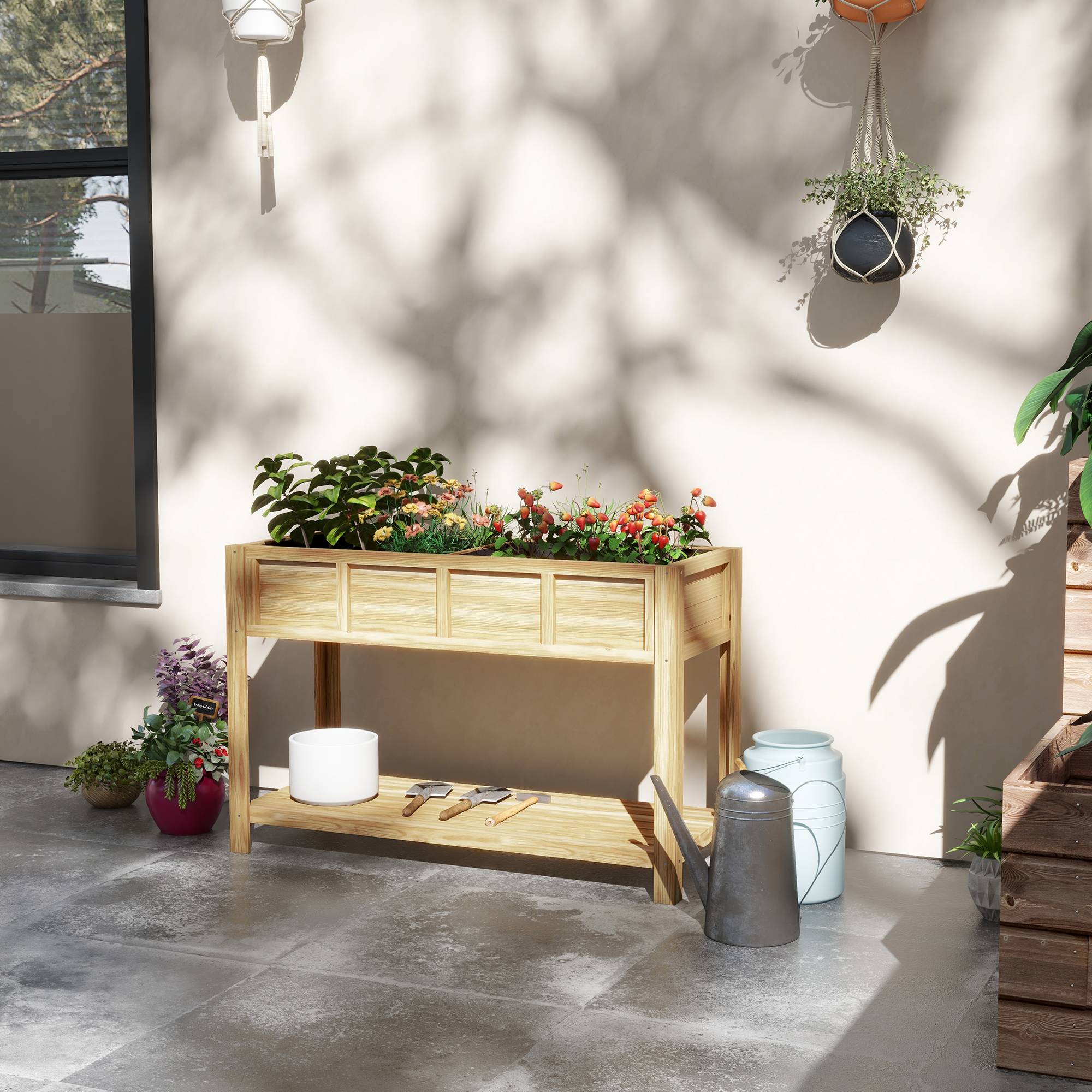 ComfortXL - Potager surélevé en bois de sapin naturel 115 x 46 x 75 cm pour balcon et jardin avec séparateur amovible