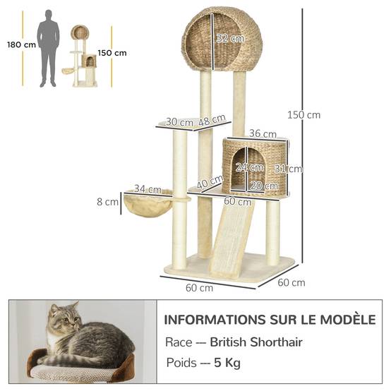 Arbre à chat jacinthe d'eau et peluche beige 60 x 60 x 150 cm - PANGIVO - Image 5