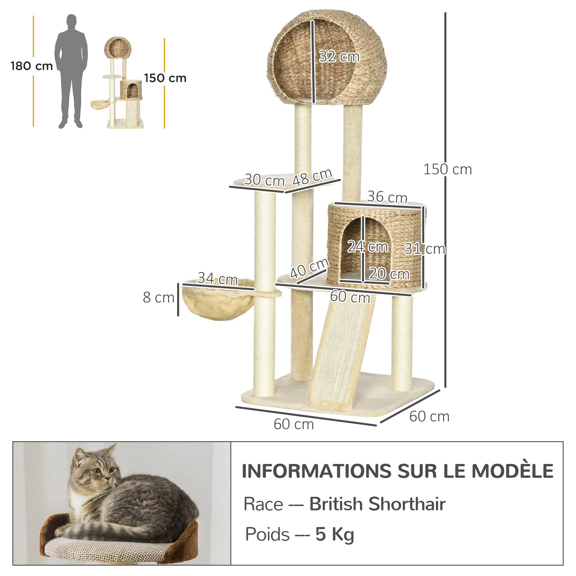 Arbre à chat jacinthe d'eau et peluche beige 60 x 60 x 150 cm - PANGIVO - Image 5