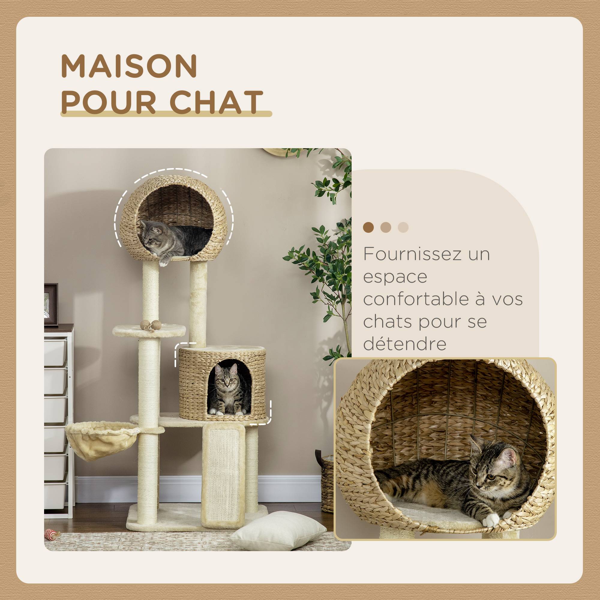 Arbre à chat jacinthe d'eau et peluche beige 60 x 60 x 150 cm - PANGIVO - Image 6