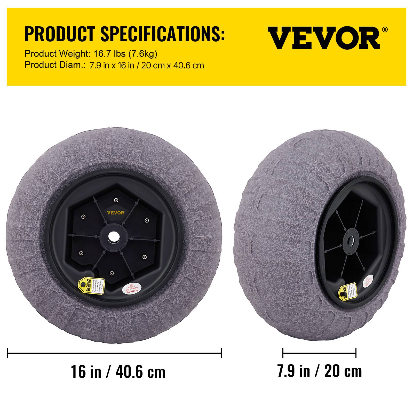 VEVOR Roues plage 2x40 cm, pneus ballon, charge 80 kg. Basse pression, sable, camping, pêche. - Image 7