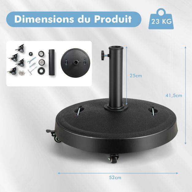 Pied de parasol sur roulettes diamètre 52cm socle parasol extérieur en résine avec 2 poignées rétractables 4 roue verrouillables pour poteaux de para - Image 7