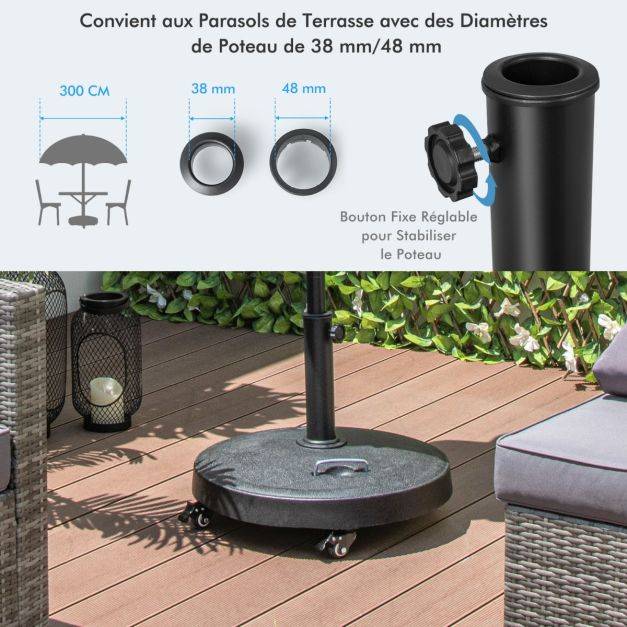 Pied de parasol sur roulettes diamètre 52cm socle parasol extérieur en résine avec 2 poignées rétractables 4 roue verrouillables pour poteaux de para - Image 5