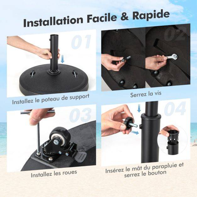Pied de parasol sur roulettes diamètre 52cm socle parasol extérieur en résine avec 2 poignées rétractables 4 roue verrouillables pour poteaux de para - Image 6