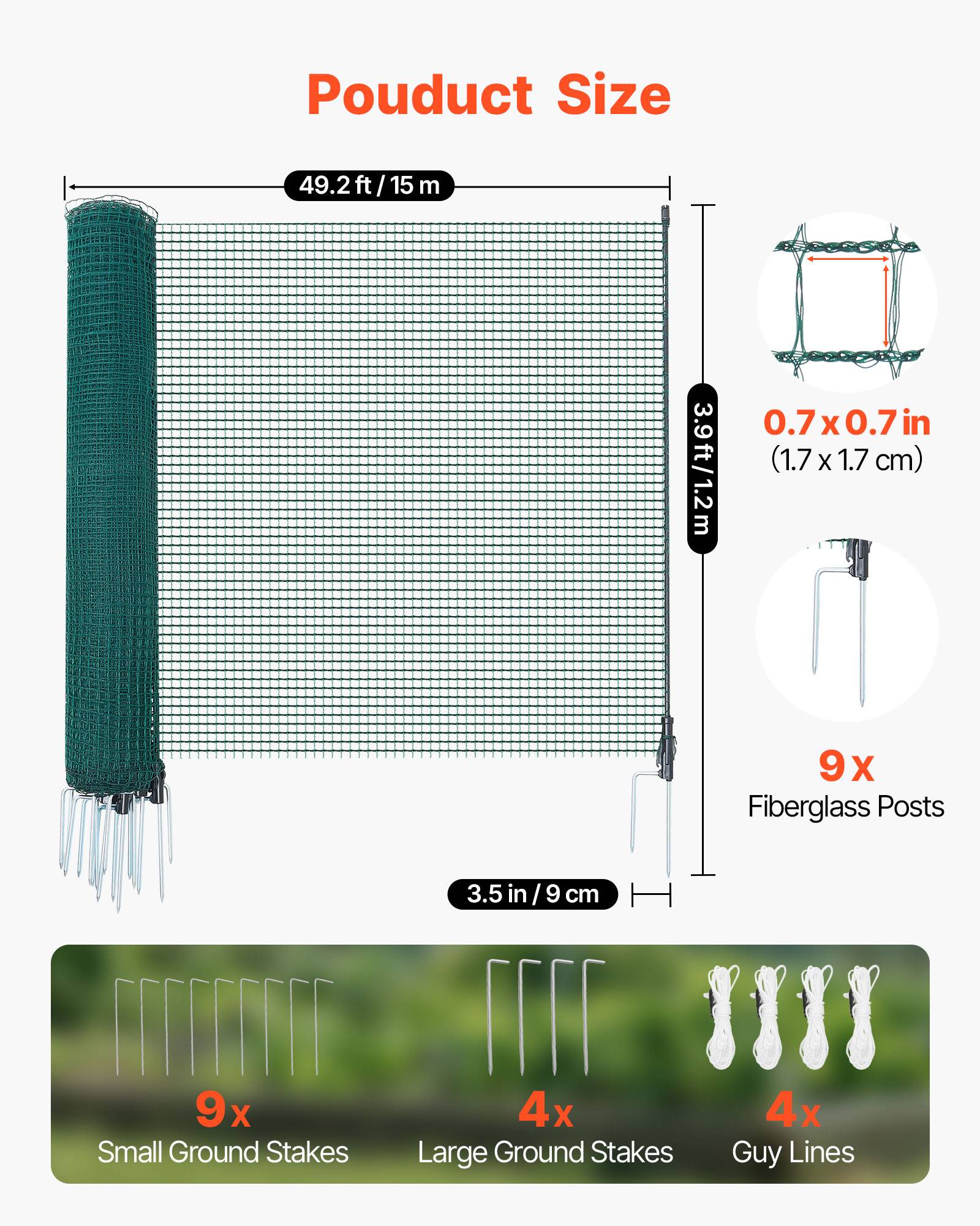 Vevor - VEVOR Clôture filet mobile 15x1,2 m, filet PE résistant UV, kit poteaux fibre de verre, piquets double pointe et haubans. - Image 2
