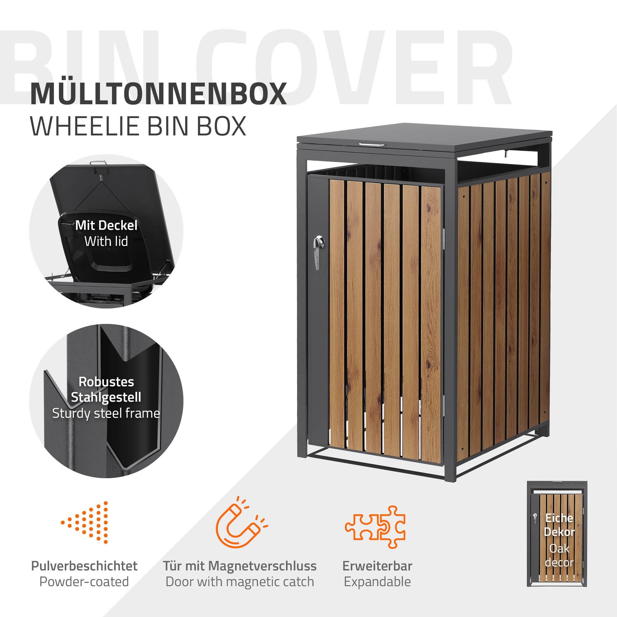 Ml-Design - Abri pour 1 poubelle 68x80x120 cm capacité de 60L à 240L anthracite/aspect chêne en acier couvercle rabattable/porte résistant aux intempéries - Imagen 2