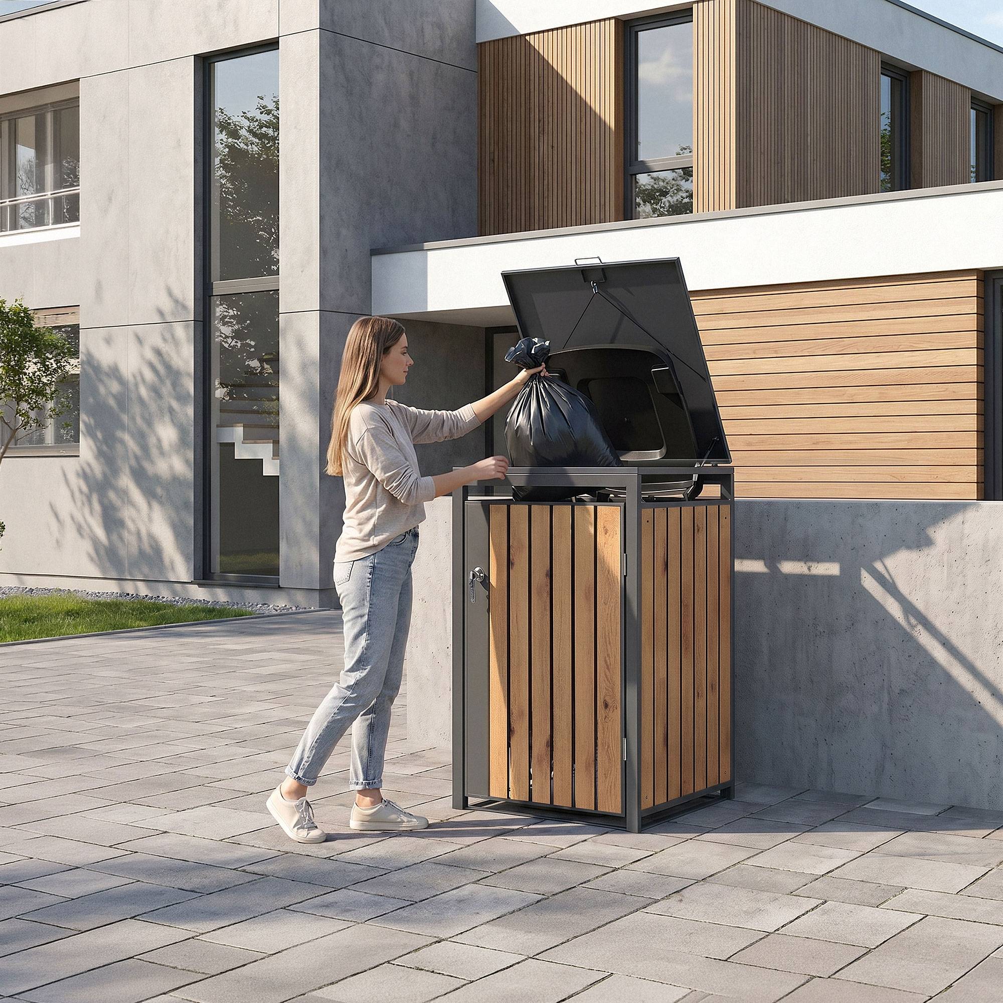 Ml-Design - Abri pour 1 poubelle 68x80x120 cm capacité de 60L à 240L anthracite/aspect chêne en acier couvercle rabattable/porte résistant aux intempéries - Imagen 10