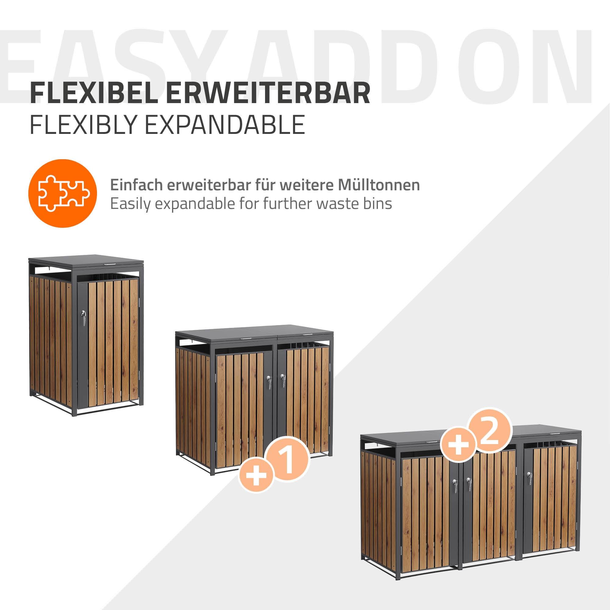 Ml-Design - Abri pour 1 poubelle 68x80x120 cm capacité de 60L à 240L anthracite/aspect chêne en acier couvercle rabattable/porte résistant aux intempéries - Imagen 7