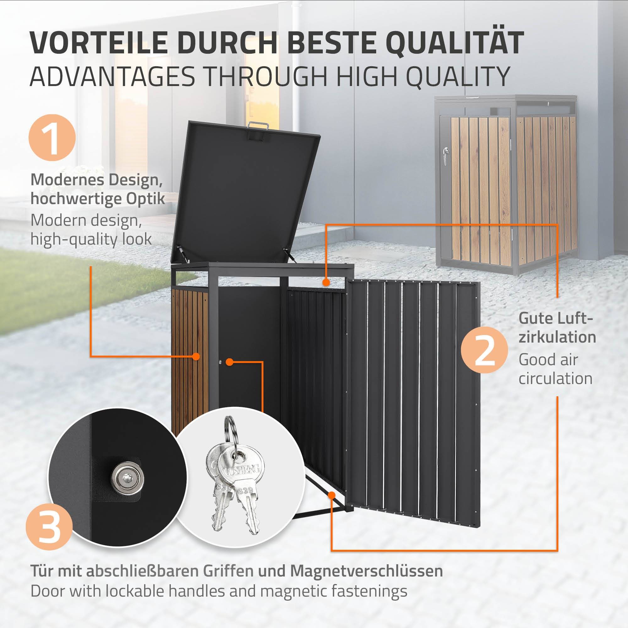 Ml-Design - Abri pour 1 poubelle 68x80x120 cm capacité de 60L à 240L anthracite/aspect chêne en acier couvercle rabattable/porte résistant aux intempéries - Imagen 3