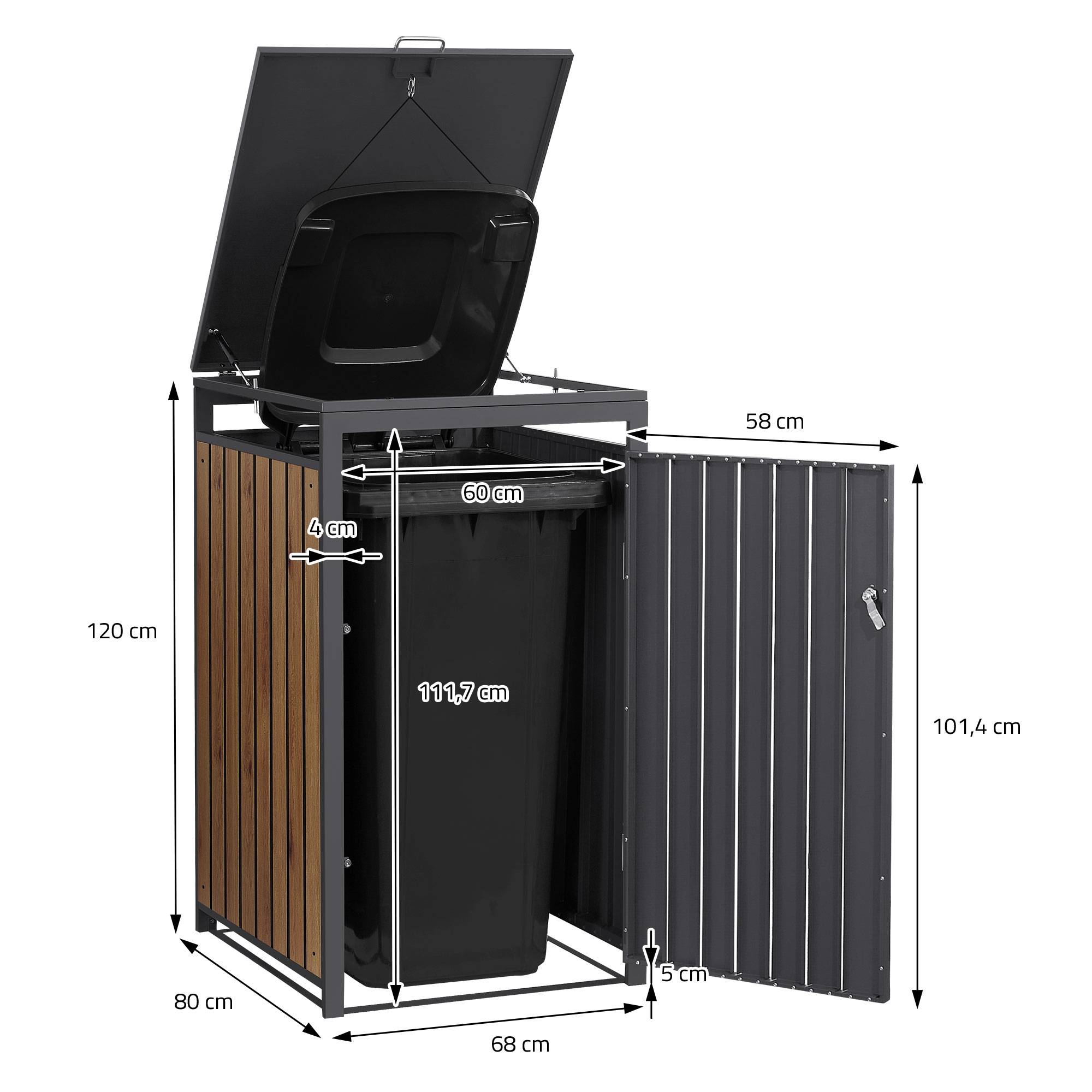 Ml-Design - Abri pour 1 poubelle 68x80x120 cm capacité de 60L à 240L anthracite/aspect chêne en acier couvercle rabattable/porte résistant aux intempéries - Imagen 8